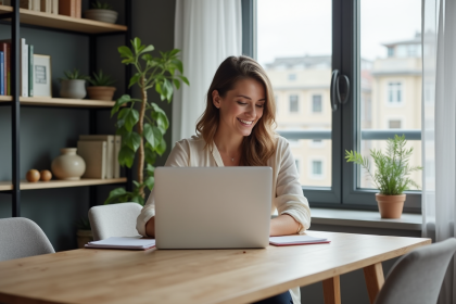Femme souriante en homeoffice avec ordinateur et livres