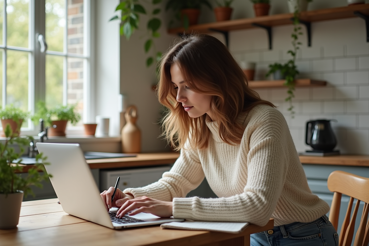 Femme concentrée travaillant à la maison sur son ordinateur portable