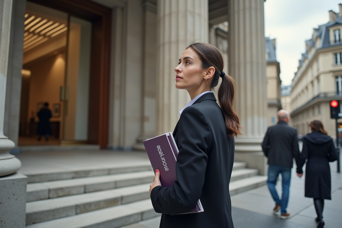 Jeune femme devant le palais de justice de Paris