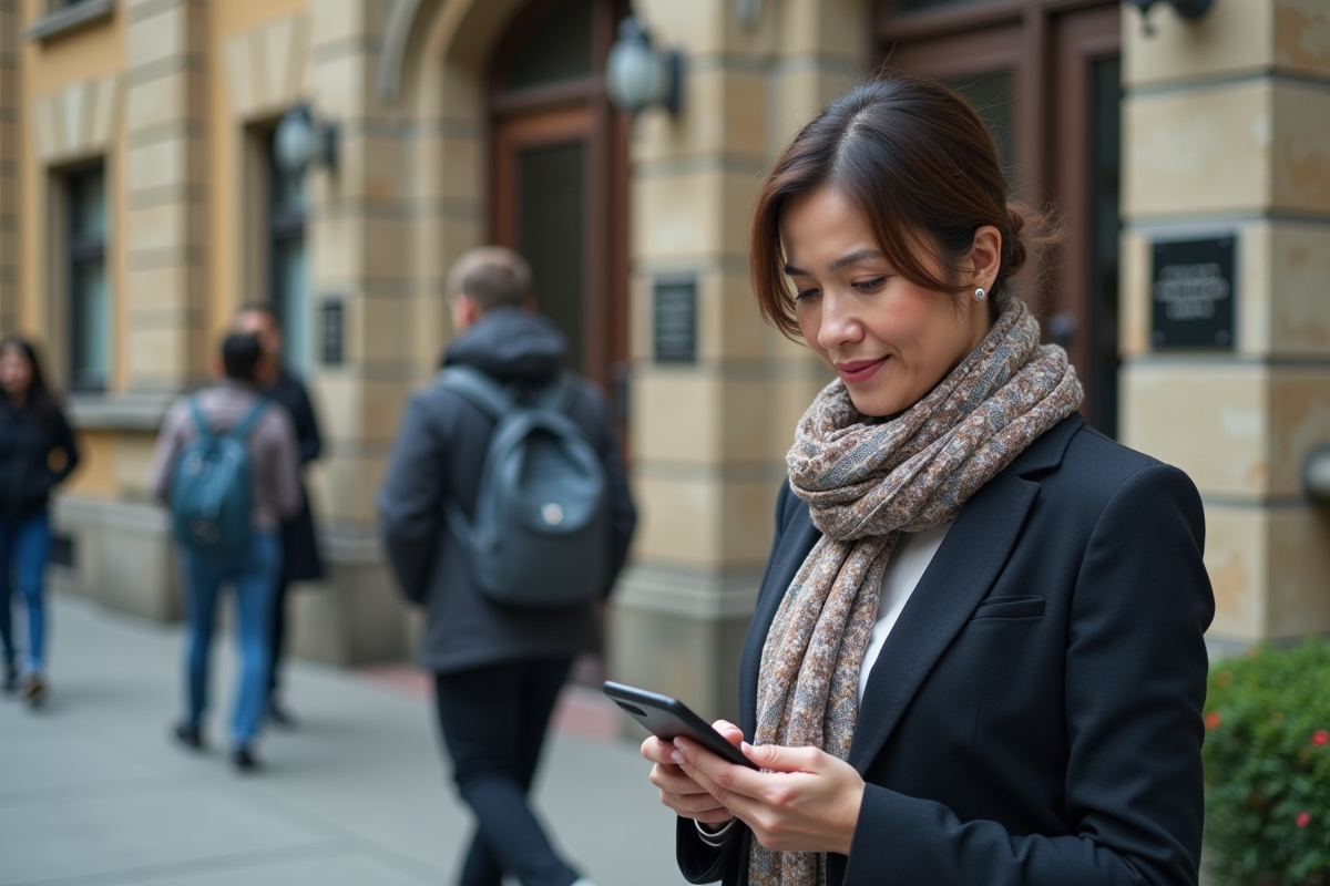 Femme en costume utilisant son smartphone devant une université