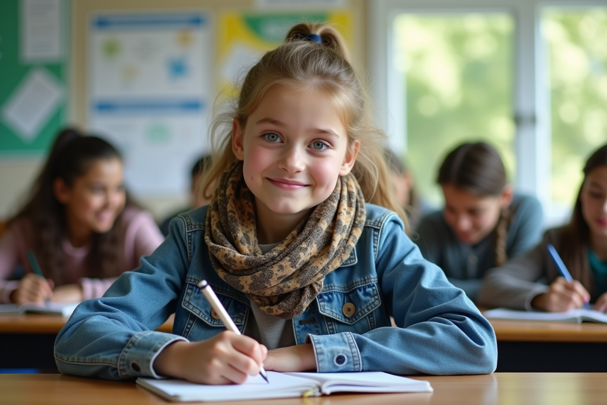 Fille écrivant astuces durables en classe