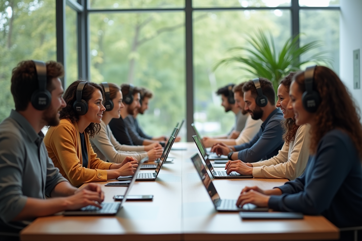 Groupe diversifié d adultes en formation en coworking lumineux