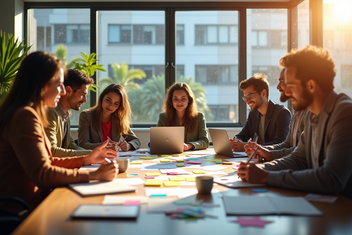 Groupe de personnes brainstorming autour d'une table créative