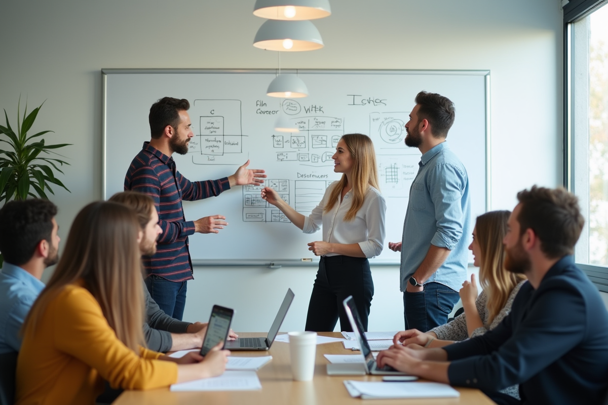 Groupe diversifié en coworking discutant autour d un tableau blanc