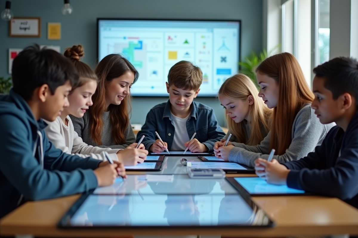 Groupe d'ecoliers utilisant des tablettes en classe moderne