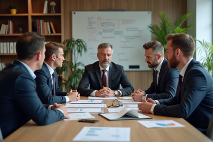 Groupe de managers en r&eacute;union dans un bureau moderne