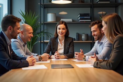 Groupe de six adultes en réunion de travail dans un bureau moderne