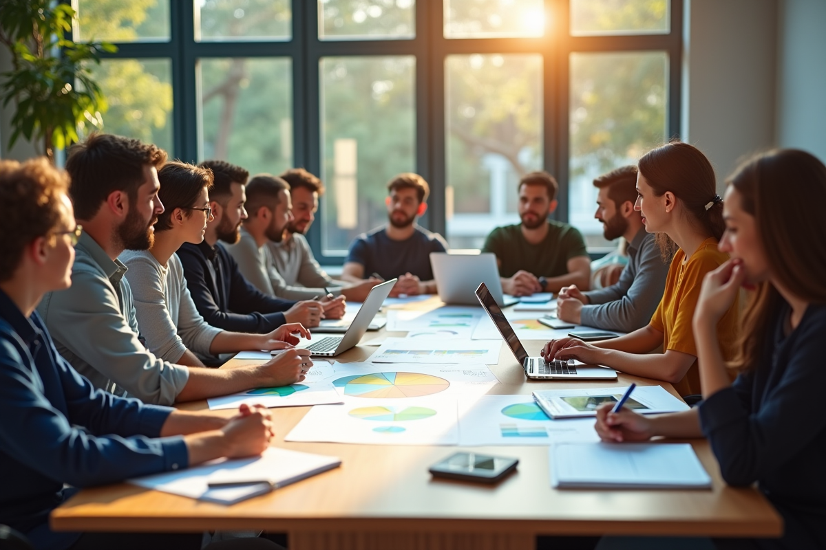 Groupe diversifié en réunion avec cahiers et ordinateurs