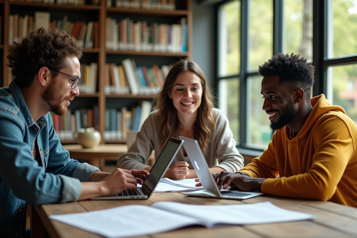 Trois étudiants en discussion dans une bibliothèque lumineuse