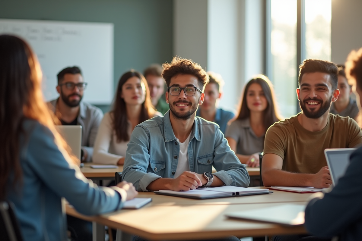Groupe de jeunes attentifs en salle de classe lumineuse