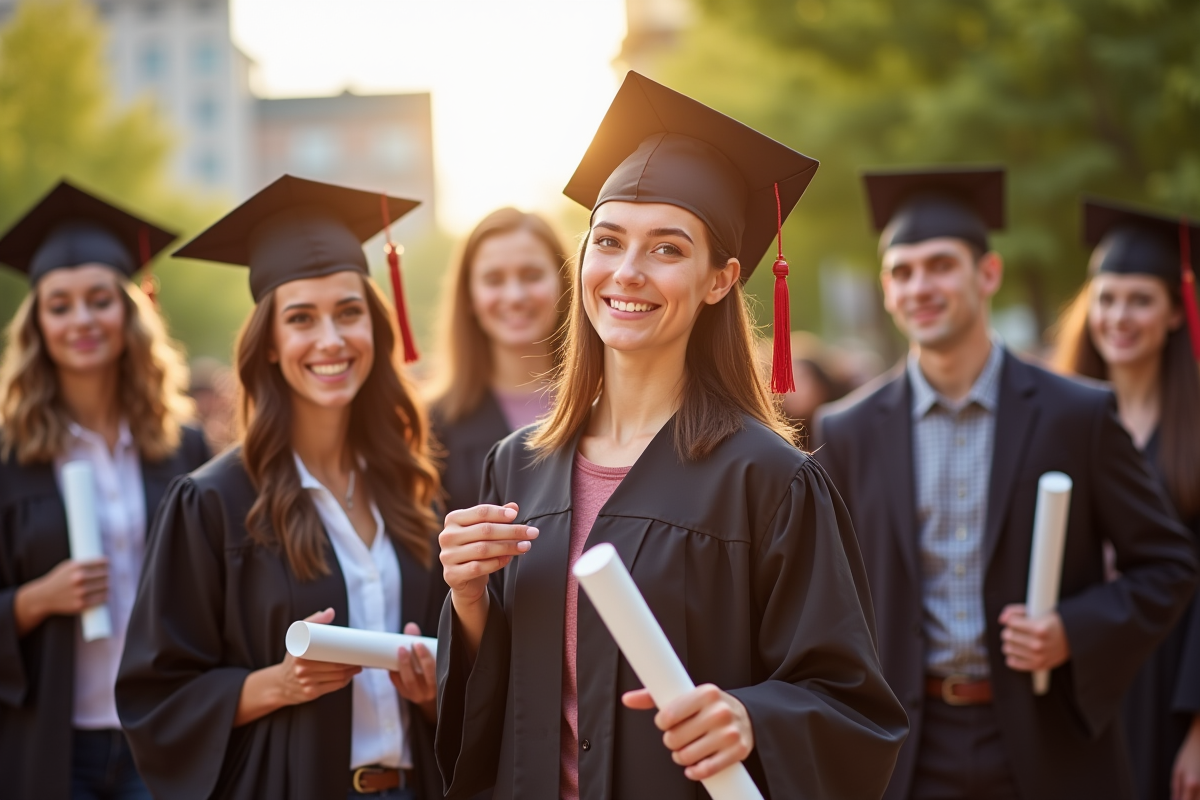 Jeunes diplômés célébrant en plein air avec diplômes