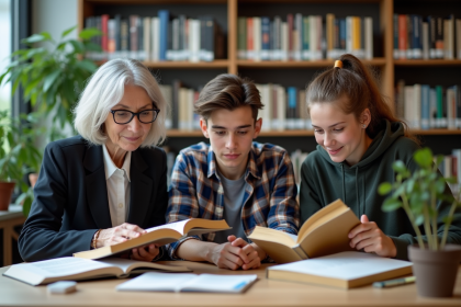 Trois personnes découvrant des livres de sciences dans une bibliothèque