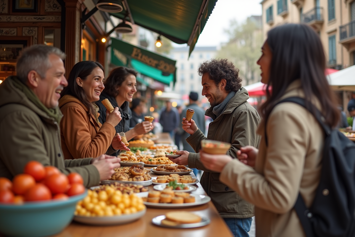 Groupe d amis dégustant des spécialités au marché en plein air