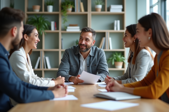 Groupe de professionnels en réunion dans un bureau lumineux