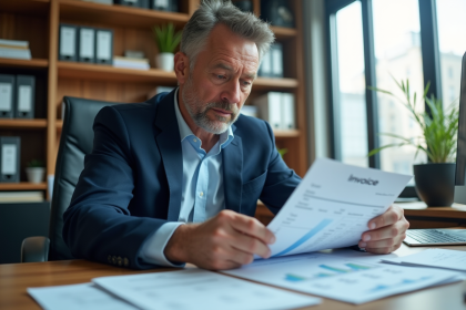 Homme d'affaires examinant des factures dans un bureau moderne