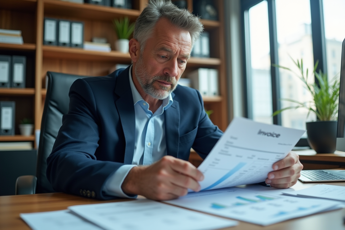 Homme d'affaires examinant des factures dans un bureau moderne