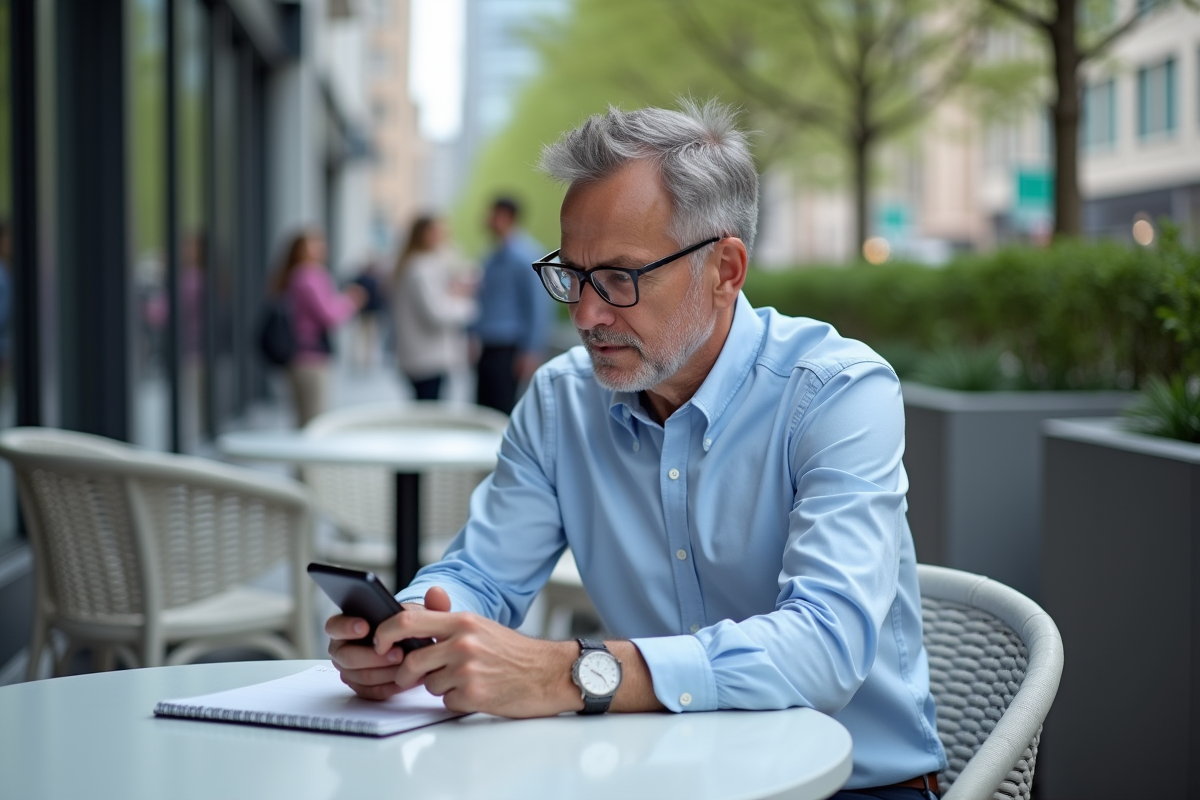 Homme de 55 ans au café vérifiant son smartphone