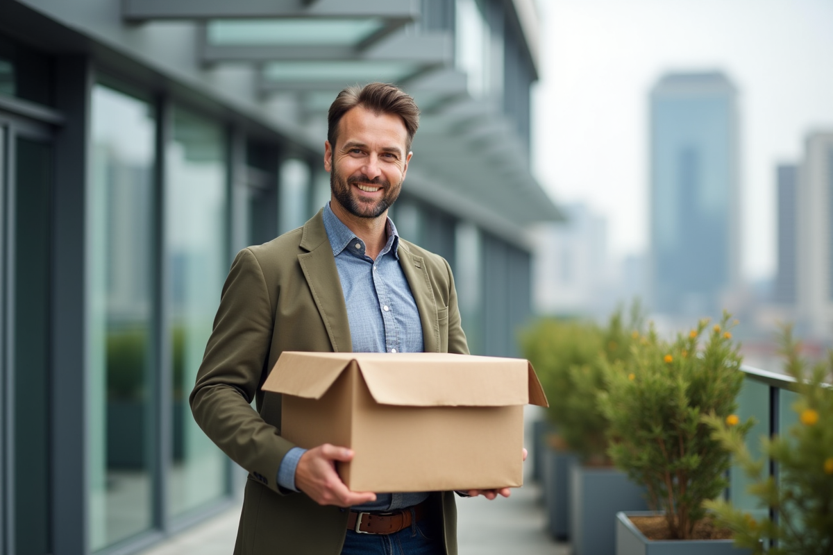 Homme souriant avec carton de départ en terrasse urbaine