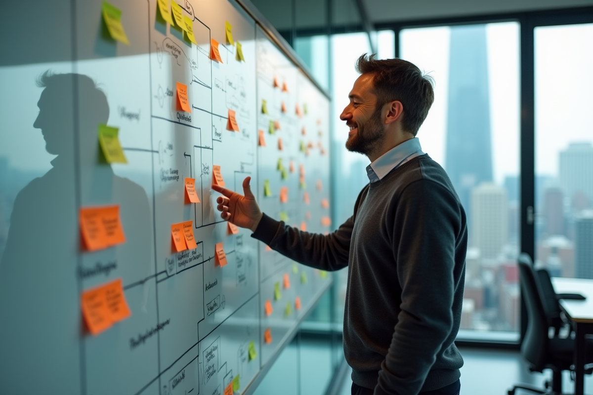Homme en réunion expliquant un diagramme coloré sur un tableau