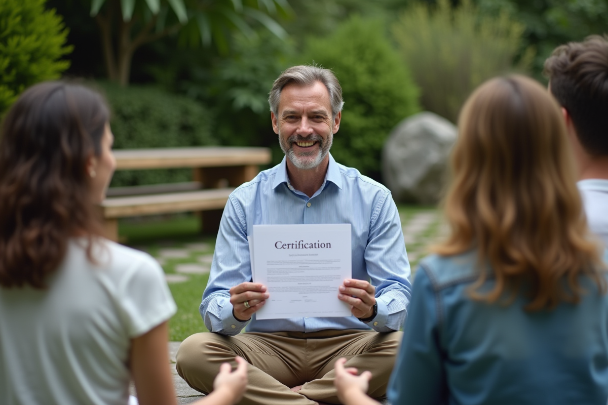Homme guidant une séance de méditation en extérieur