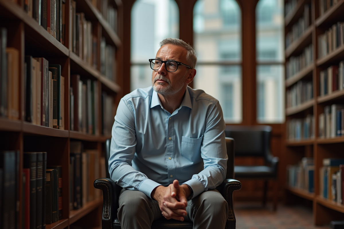 Homme méditatif dans une bibliothèque avec étagères et livres
