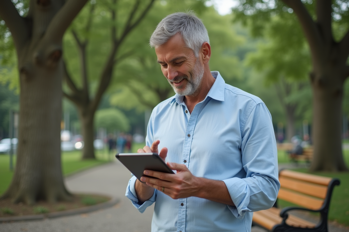 Homme dans un parc avec tablette en main