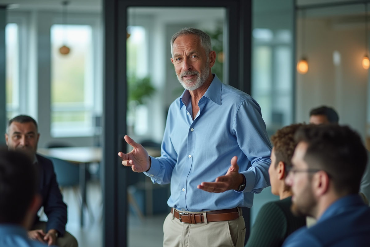 Homme en réunion avec collègues dans un bureau moderne