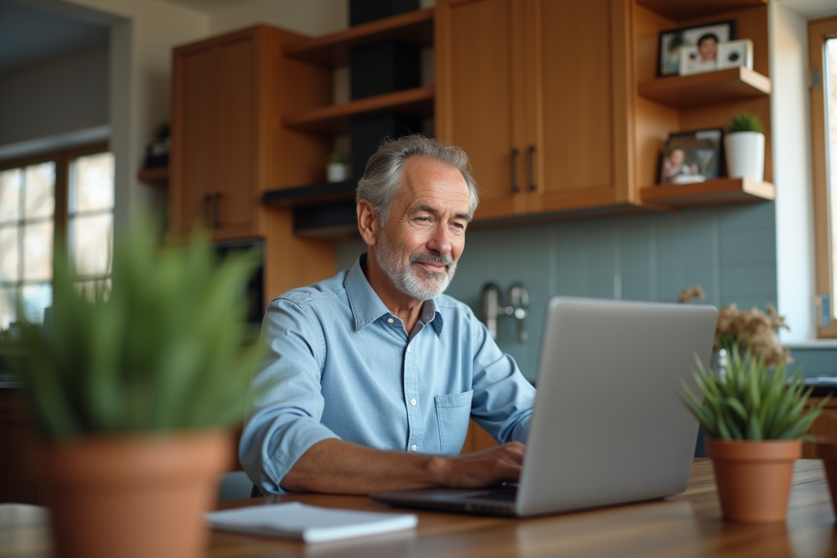 Homme en visioconference à la maison dans un cadre cosy