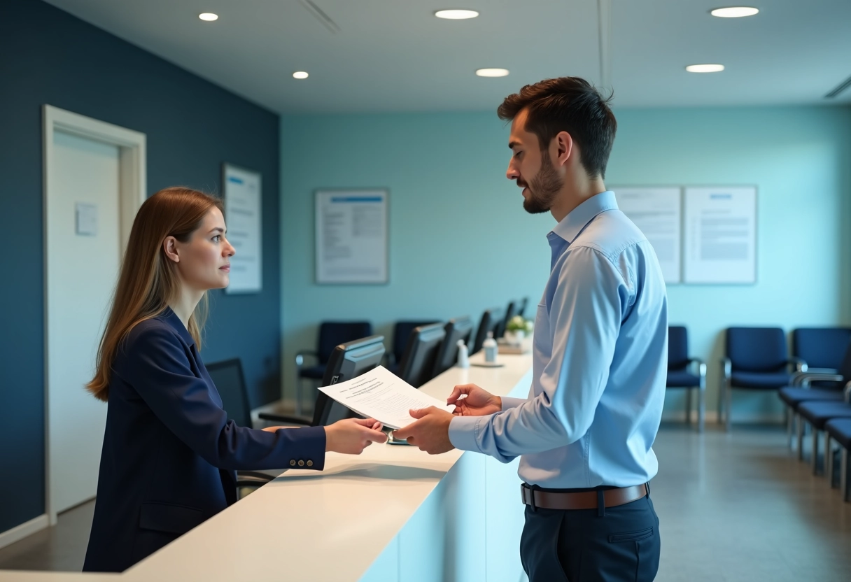 Jeune homme remettant un certificat médical dans un bureau administratif