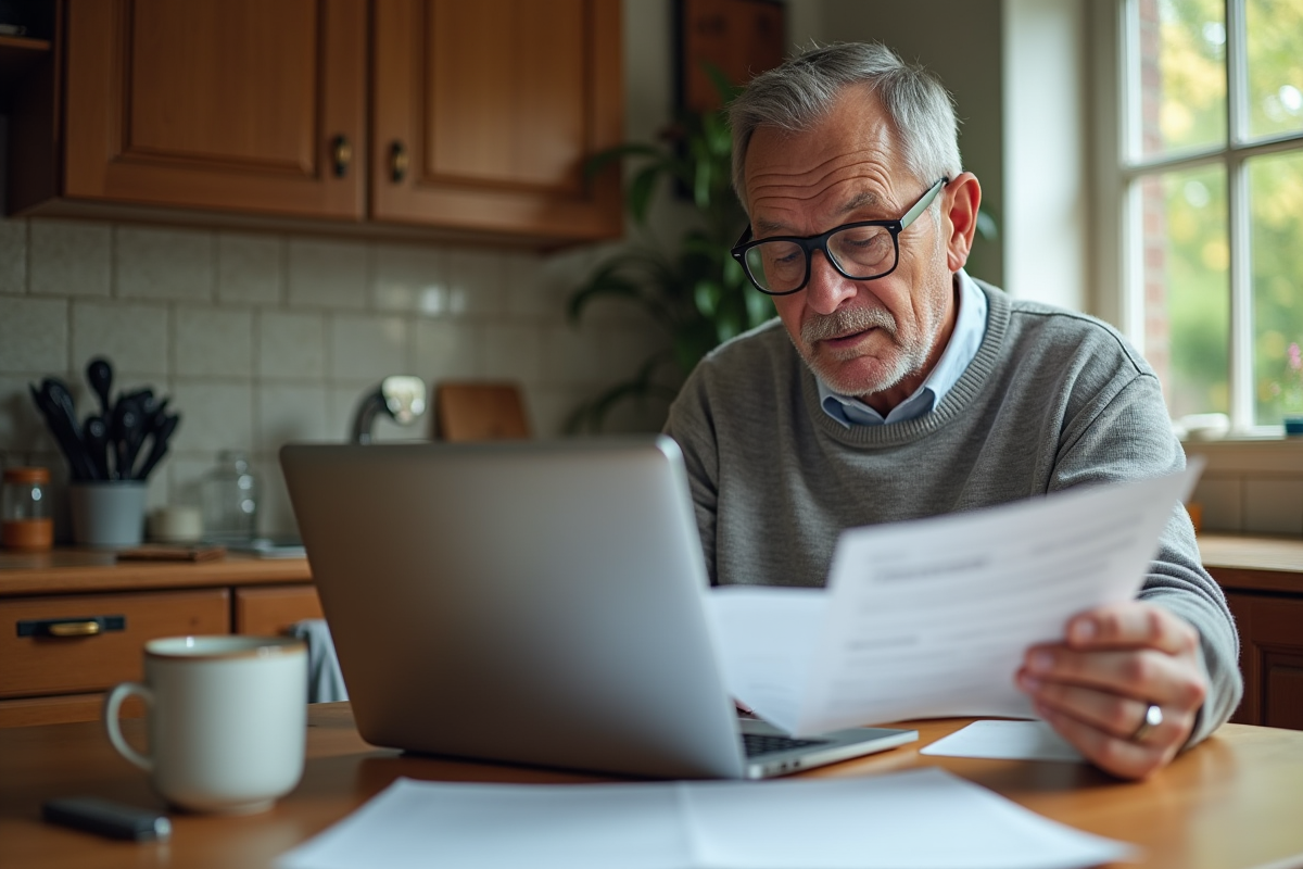 Homme utilisant un ordinateur dans sa cuisine avec documents officiels