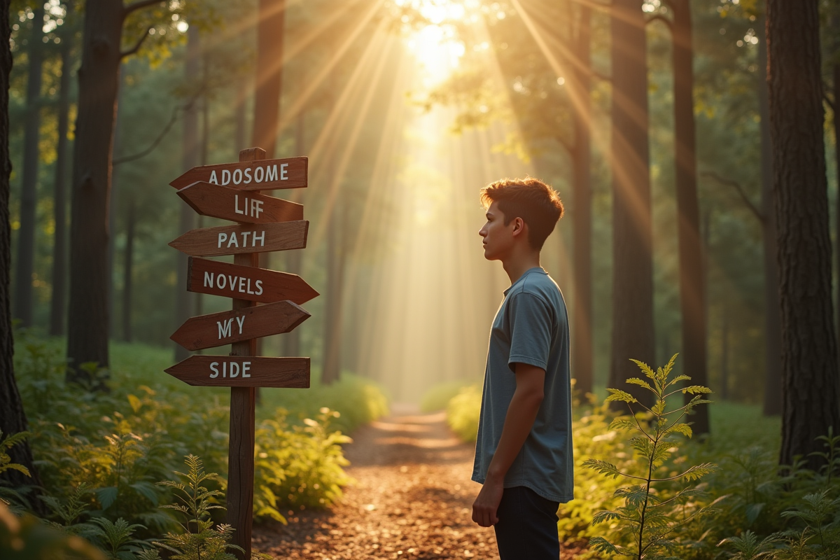 Jeune adulte devant des panneaux indicateurs en forêt ensoleillée