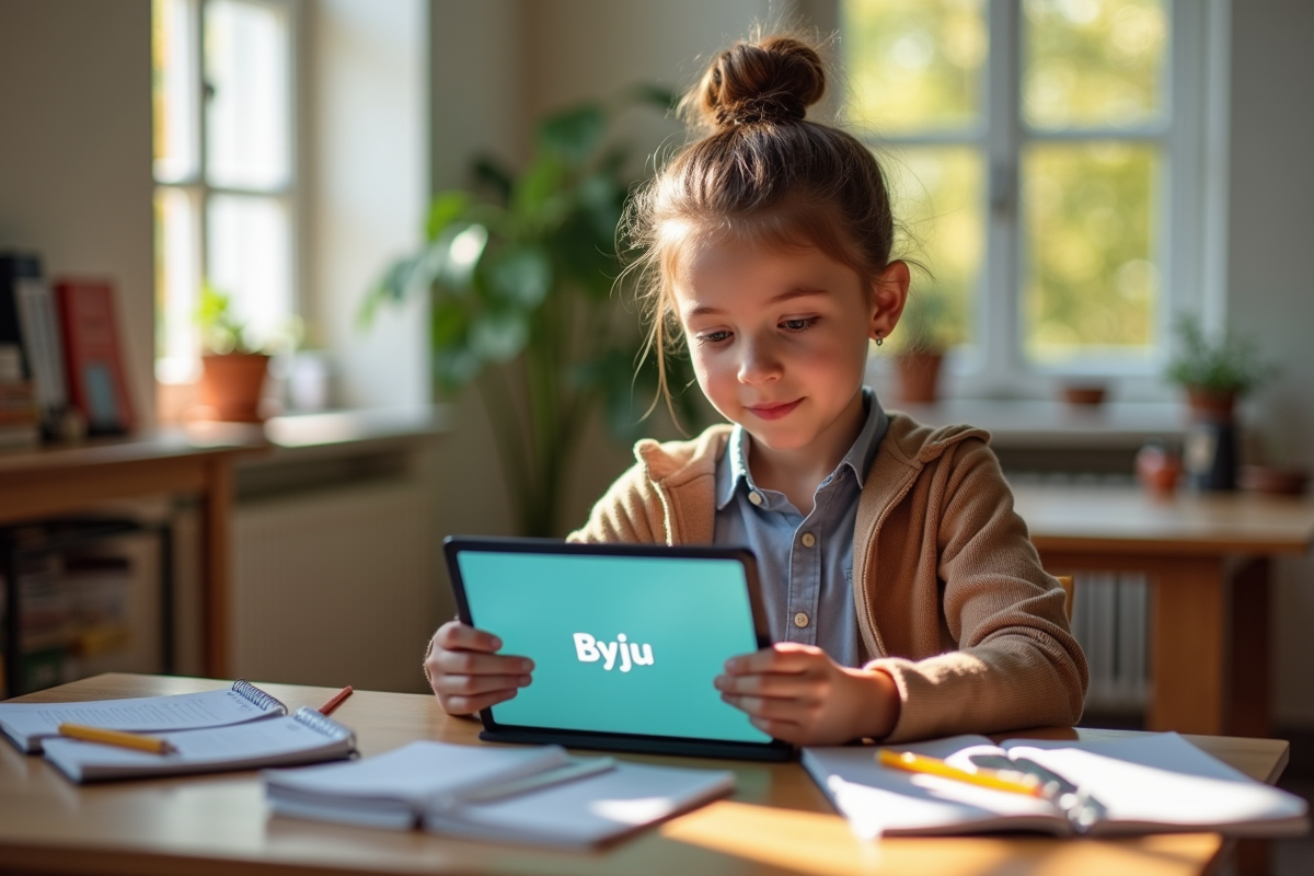 Jeune étudiant utilisant une tablette avec l app Byju à la maison