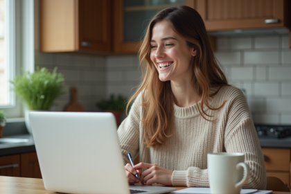 Jeune femme souriante apprend l'anglais à la maison