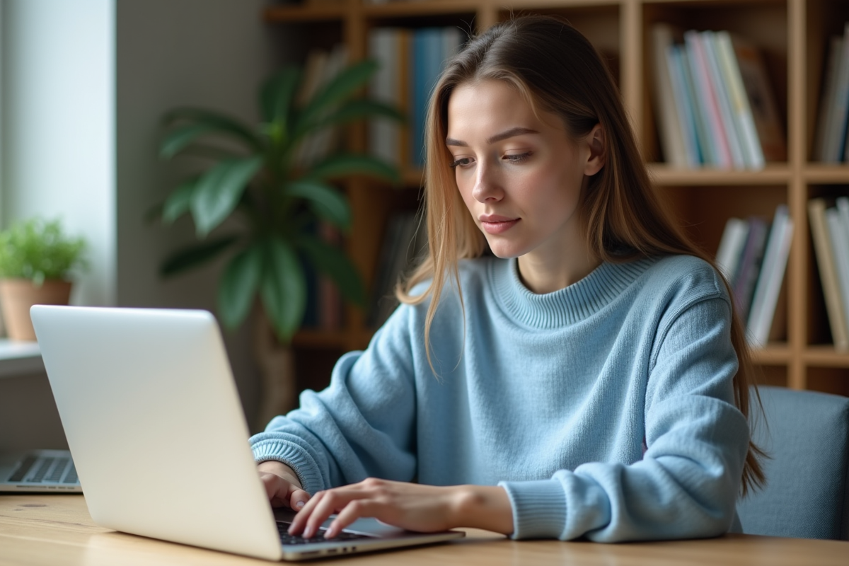 Jeune femme concentrée travaillant sur un ordinateur portable dans un bureau moderne