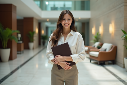 Jeune femme diplômée dans un hall moderne d'université