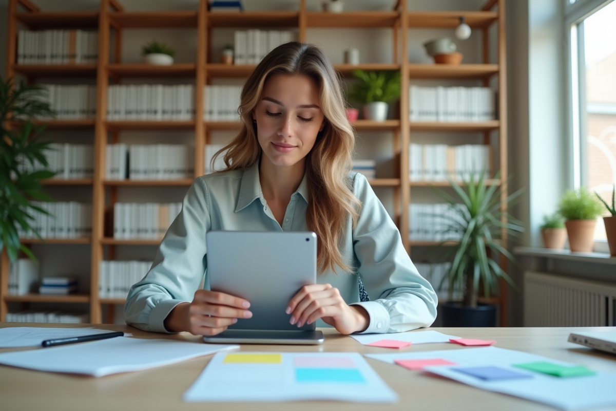 Jeune femme organisée dans un bureau moderne avec cartes et tablette