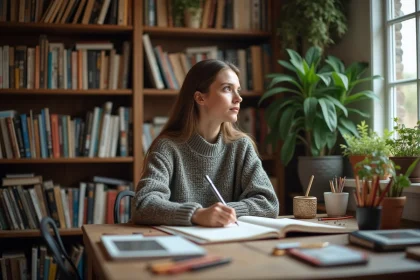 Jeune femme cr&eacute;ative dans un studio cosy et inspirant