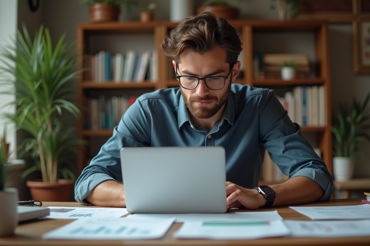 Jeune homme travaillant sur son ordinateur dans un bureau cosy