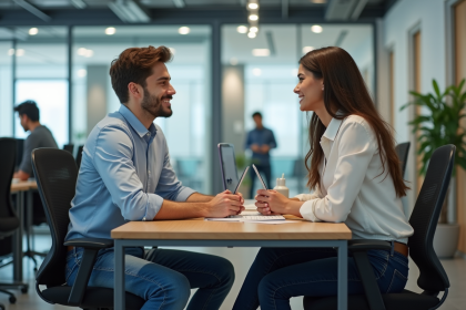 Jeune homme en bureau avec mentor dans un espace moderne