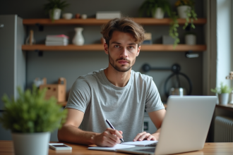 Jeune homme concentré travaillant sur son ordinateur dans un appartement