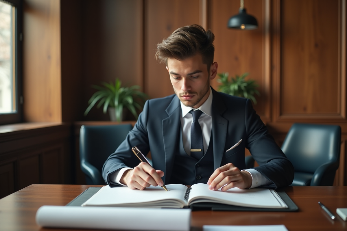 Jeune homme en costume examinant un portfolio de mode