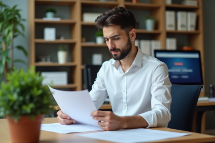 Jeune homme en bureau universitaire examine des documents