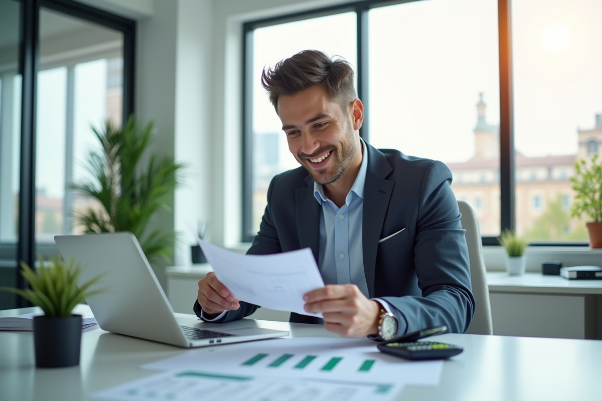Jeune gestionnaire financier au bureau lumineux avec documents et graphiques