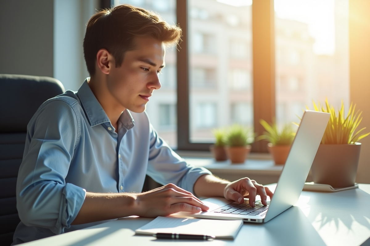 Jeune professionnel travaillant sur son CV sur un ordinateur lumineux