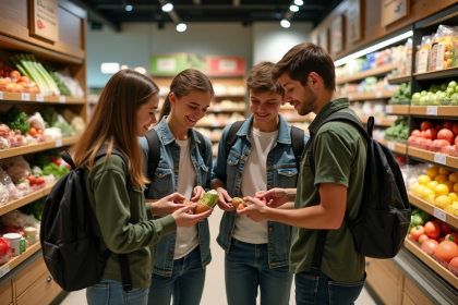Jeunes en supermarché écologique en groupe