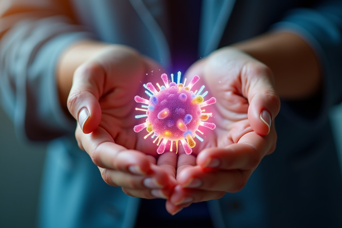 Mains humaines tenant un microbiome coloré lumineux