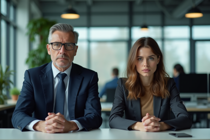 Manager en costume navy avec une jeune femme au bureau