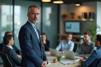 Manager en costume navy observe équipe en réunion