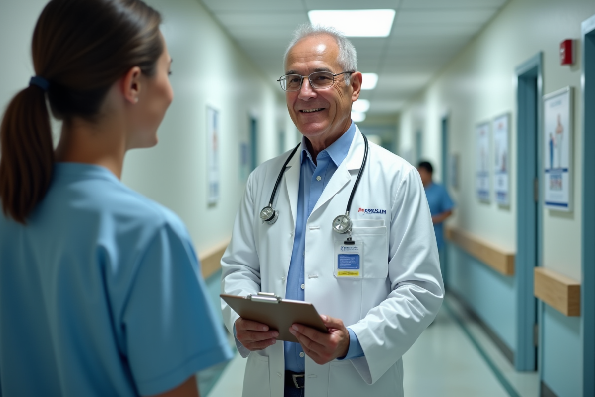 Médecin en blouse discutant avec un patient dans un couloir d
