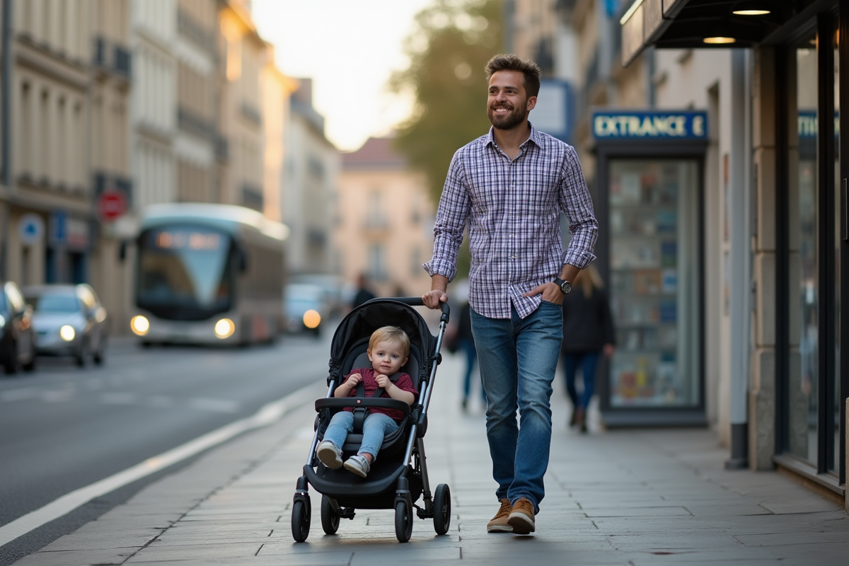 Jeune père poussant une poussette dans une rue urbaine